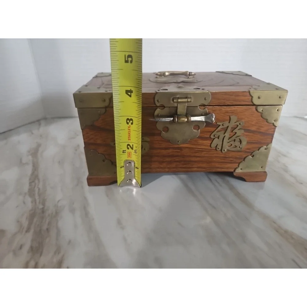 Antique Chinese Wood Jewelry Box Ornate Brass Accents Lined Pull Out Shelf